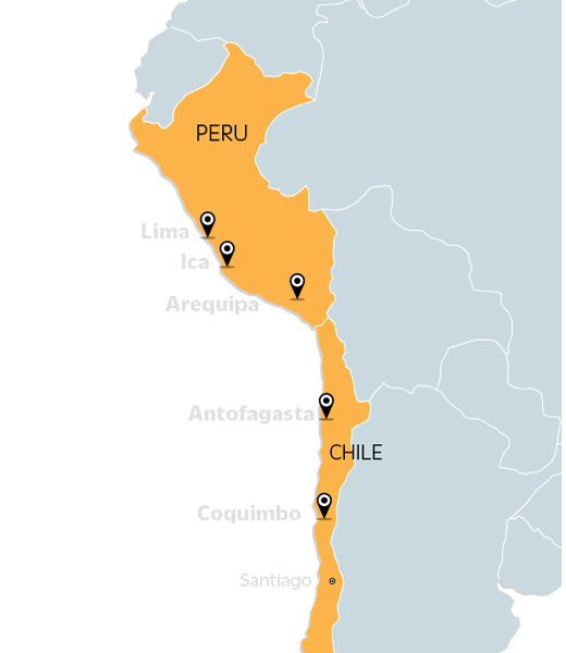 Mapa algas en Chile y Perú