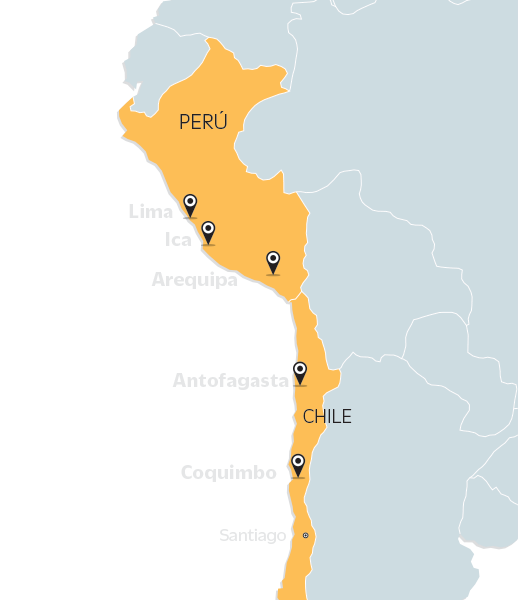 Mapa algas en Chile y Perú